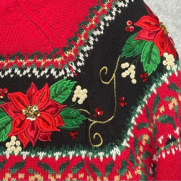 Tiara International Christmas Zip Front Cardigan Sweater-Red Poinsettia-Women S - Picture 3 of 7